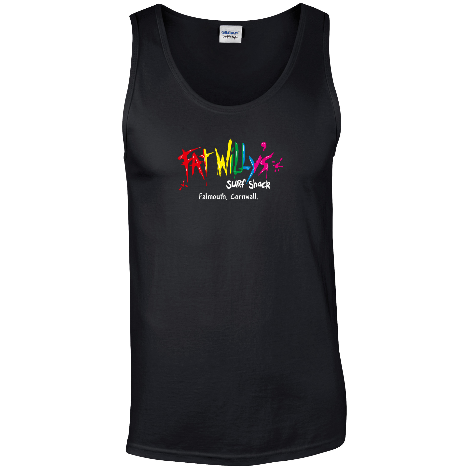 Adult Mens Black Vest - Fat Willy's - : Cornish surf-style personiﬁed