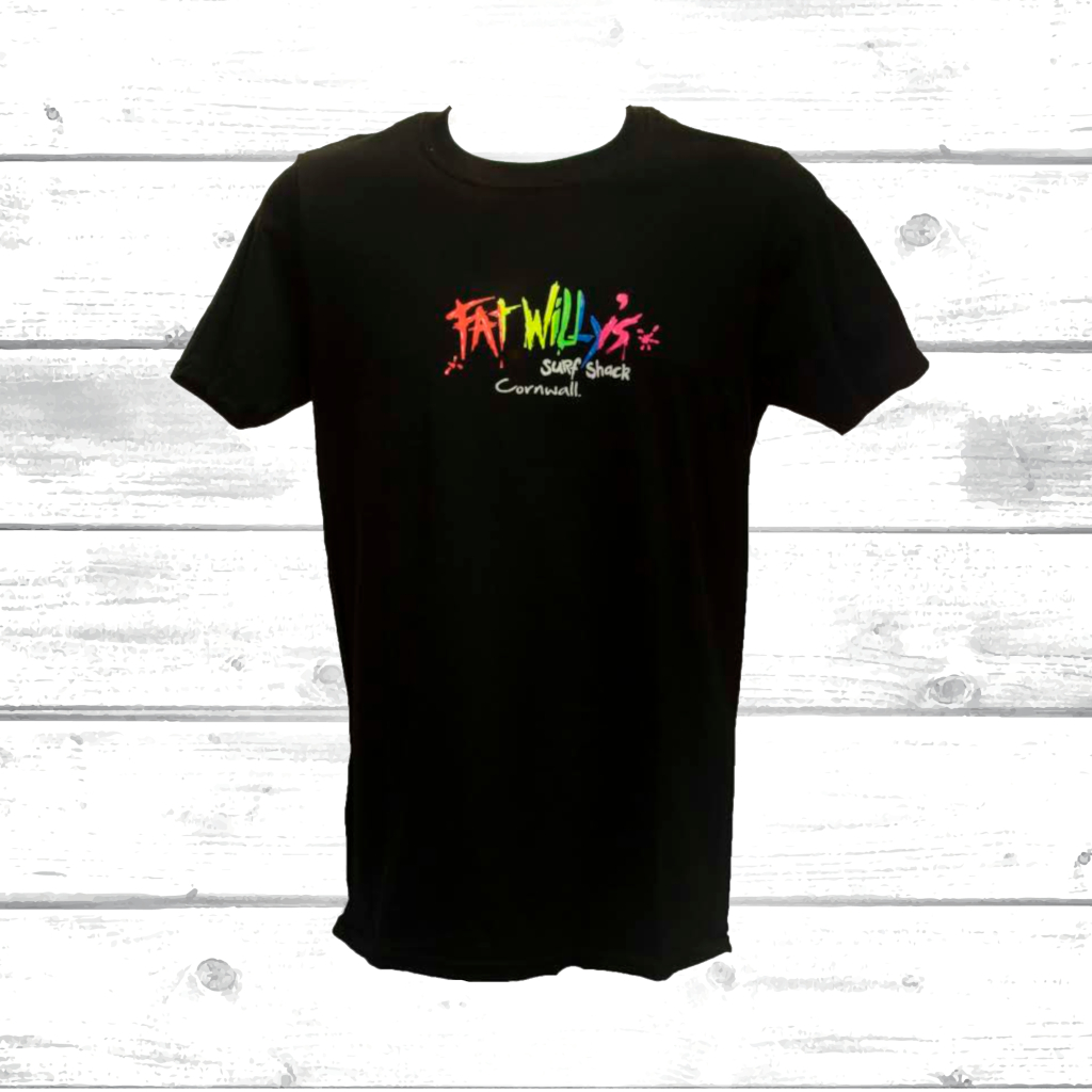 Classic black Fat Willy’s Cornwall T-shirt with the multicoloured logo